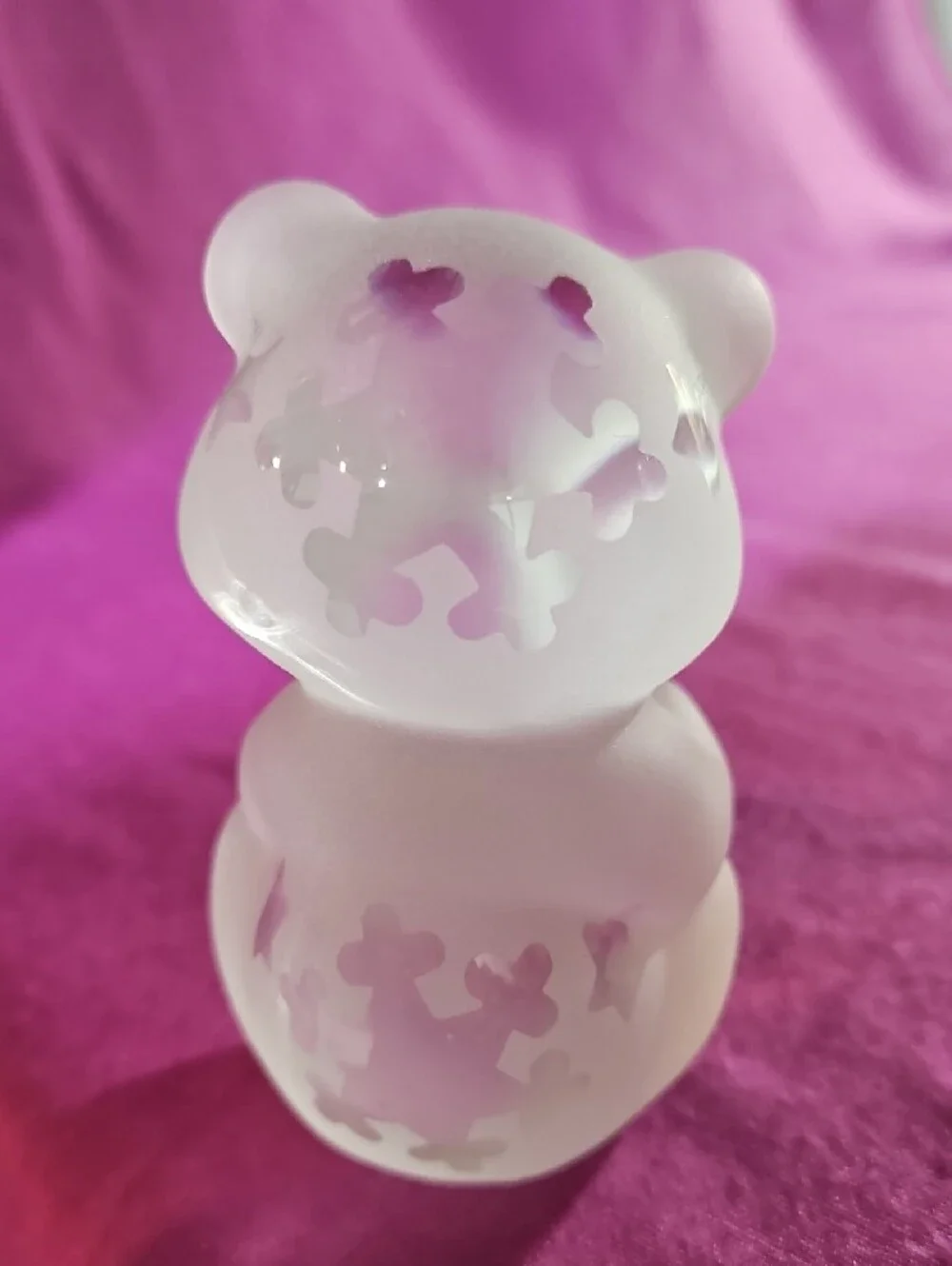 Fenton Satin Glass Bear Figure with Sand-Carved Winter Stars & Snowflakes